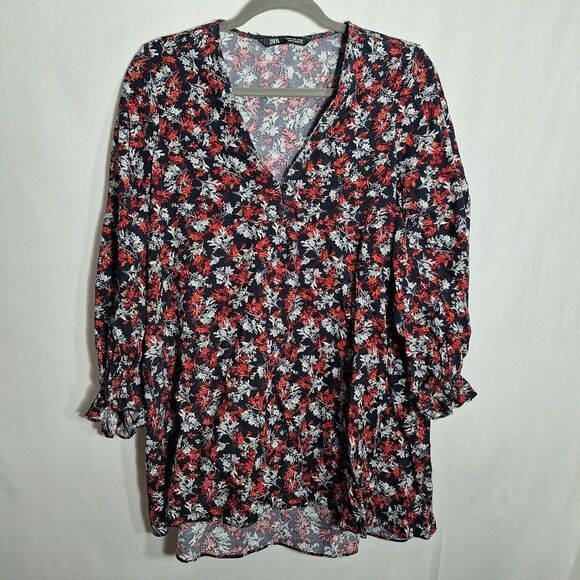 Zara Womens Cottagecore Tunic Top Floral 3/4 Sleeve Cinch Cuff Split Neck Small - Picture 2 of 12